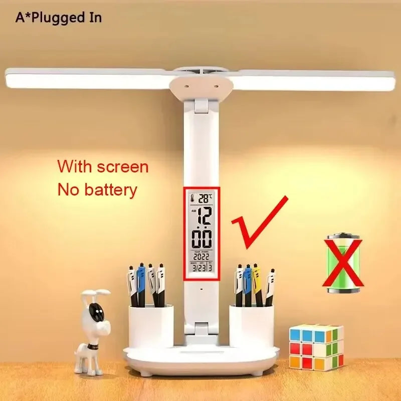 Lámpara LED de Escritorio con Reloj – Recargable, Plegable y Regulable
