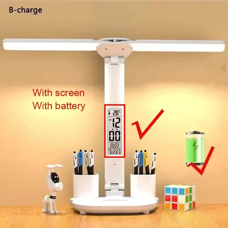 Lámpara LED de Escritorio con Reloj – Recargable, Plegable y Regulable