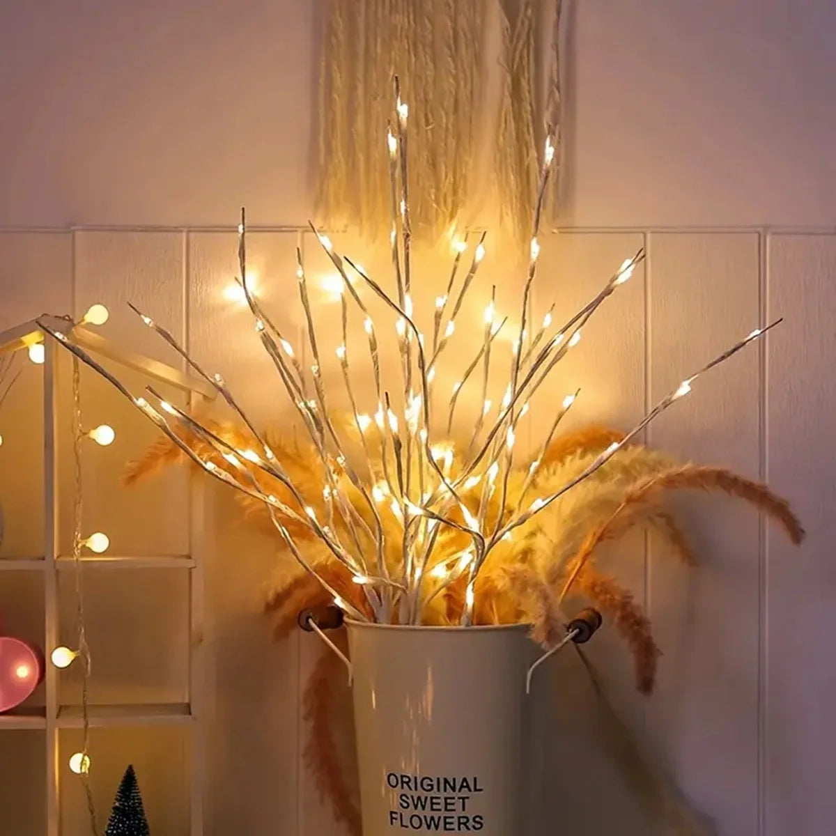 1 PC White Birch Branch Lights Battery Operated 20 LED Fairy Lights Willow Branches for Home Bedroom inside Outdoor Decoration