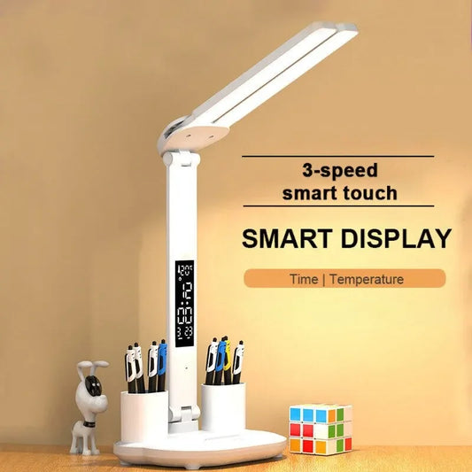 Lámpara LED de Escritorio con Reloj – Recargable, Plegable y Regulable
